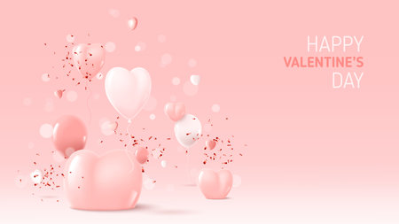 Happy Valentine's Day festive banner. Holiday background with abstract 3d composition for Valentine's Day. Vector illustration with hearts, balloons and confetti on pink background.のイラスト素材