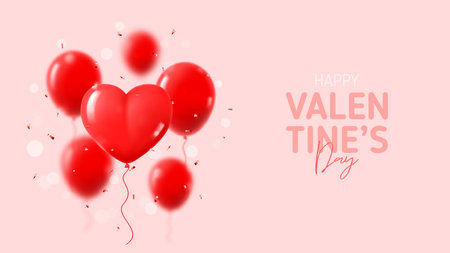 Happy Valentine's Day banner. Holiday decoration design with abstract 3d composition for Valentine's Day. Vector illustration with red balloons and confetti on pink background. holiday banner.のイラスト素材