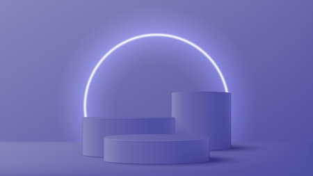 Promo banner with podium and neon circle. 3d pedestal with white neon circle. Abstract background for promotion products or goods. Vector illustration in trendy color of year. mockup template.のイラスト素材