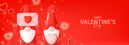 Happy Valentine's Day horizontal banner. Holiday background with cute gnomes on red background with neon and red hearts and confetti. Vector illustration with symbols of Valentine's Day.のイラスト素材