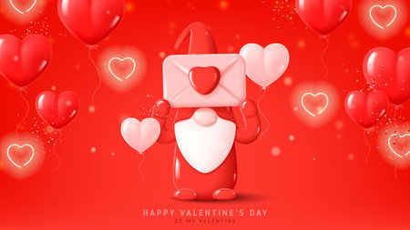 Happy Valentine's Day holiday banner. Festive background with cute gnome on red background with neon hearts, balloons and confetti. Vector illustration with symbols of Valentine's Day.のイラスト素材