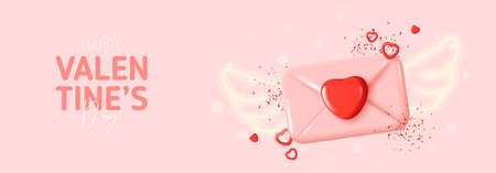 Happy Valentine's Day horizontal banner. Vector illustration with pink envelope, angel neon wings, red hearts and confetti. Holiday 3d composition for Valentine's Day. holiday banner.のイラスト素材