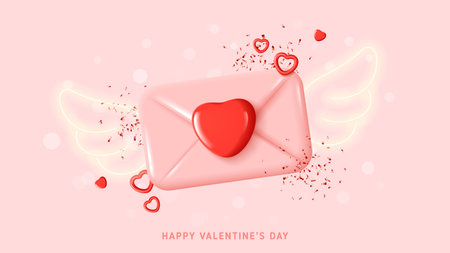 Happy Valentine's Day holiday banner. Vector illustration with pink envelope, angel neon wings, red hearts and confetti. Holiday 3d composition for Valentine's Day. Festive card.のイラスト素材