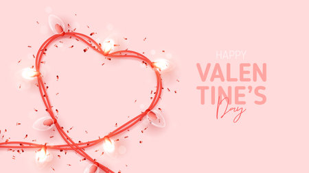 Happy Valentine's Day festive banner. Vector illustration with sparkling garland in shape of heart and confetti. Holiday 3d composition for Valentine's Day. Festive romantic banner.のイラスト素材