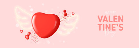 Happy Valentine's Day festive banner. Vector illustration with pink heart, angel neon wings, red hearts and confetti. Holiday 3d composition for Valentine's Day. holiday banner.のイラスト素材