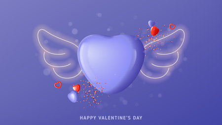 Happy Valentine's Day banner. Vector illustration with purple heart, angel neon wings, red and violet hearts and confetti. Holiday 3d composition for Valentine's Day. holiday card.のイラスト素材