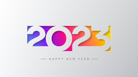 2023 Happy New Year banner. Vector illustration with colorful numbers 2023 with trendy gradient. New Year holiday symbol template on gray background.のイラスト素材