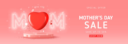 Promo sale banner for Mother's day. Seasonal offer. Vector illustration with neon bright letters, hearts, confetti and podium on pink background. Modern holiday card for event promo or congratulation.のイラスト素材
