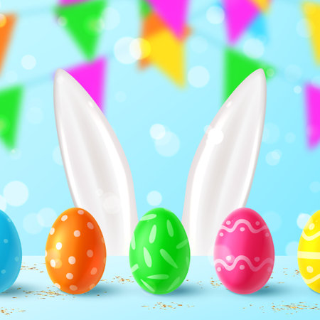 Happy Easter holiday banner. Color eggs with Easter decoration, ears of rabbit or bunny, golden confetti and garland on blue background. Vector illustration with 3d decorative objects.のイラスト素材