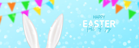 Happy Easter holiday horizontal banner. White ears of rabbit or bunny and blurred garland on blue background. Vector illustration with 3d decorative objects.のイラスト素材