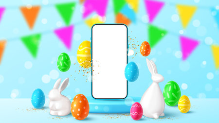 Happy Easter holiday banner. Easter banner with smartphone on podium, eggs, rabbit, bunny, golden confetti and garland on blue background. Vector illustration with 3d decorative objects.のイラスト素材