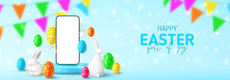 Happy Easter holiday horizontal banner. Easter banner with smartphone on podium, eggs, rabbit, bunny, golden confetti and garland on blue background. Vector illustration with 3d decorative objects.のイラスト素材