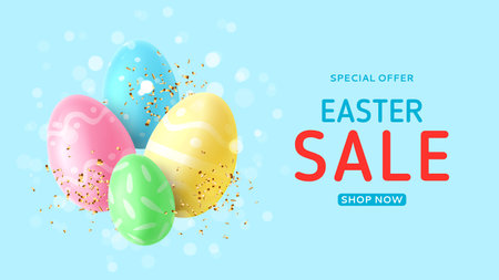Easter sale promotion banner. 3d colorful eggs and golden confetti on blue background. Vector illustration with 3d decorative objects.のイラスト素材