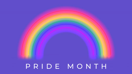 Pride month banner concept with neon rainbow. Vector illustration with neon rainbow on violet background. Symbol of pride month. Concept of LGBT promo banner.のイラスト素材