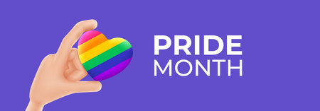 Pride month banner with 3d cartoon hand. 3d cartoon hand holds rainbow heart. LGBT vector illustration. Symbol of pride month isolated on violet background.のイラスト素材