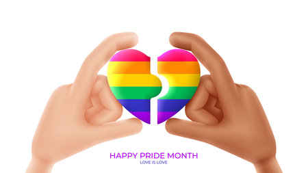 Pride month banner with 3d cartoon hands and heart. 3d white and black hand holds two pieces of rainbow heart. LGBT vector illustration. Symbol of pride month isolated on white background.のイラスト素材