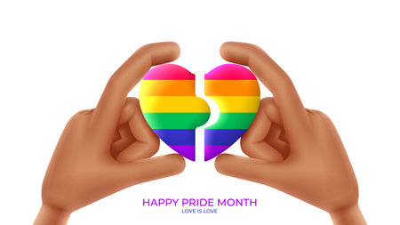 Pride month banner with 3d cartoon hands and heart. 3d cartoon black hand holds two pieces of rainbow heart. LGBT vector illustration. Symbol of pride month isolated on white background.のイラスト素材