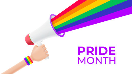 Pride month banner with 3d cartoon hand and loudspeaker. 3d cartoon hand holds loudspeaker with colorful rainbow. LGBT vector illustration. Symbol of pride month isolated on white background.のイラスト素材