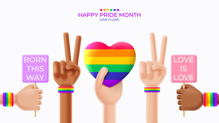 Pride month banner concept. 3d white and black show different gesture and hold rainbow heart and banners. LGBT vector illustration. Symbol of pride month isolated on white background.のイラスト素材