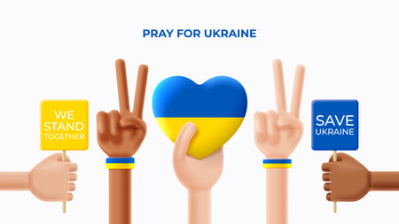 Pray for Ukraine banner concept. 3d white and black hands show different gesture and hold heart with colors of ukrainian flag. Vector illustration with concept of Ukraine support.のイラスト素材