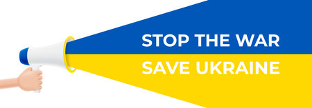 Stop the war in Ukraine banner concept. 3d cartoon hand holds loudspeaker with colors of ukrainian flag. Vector illustration with concept of Ukraine support.のイラスト素材