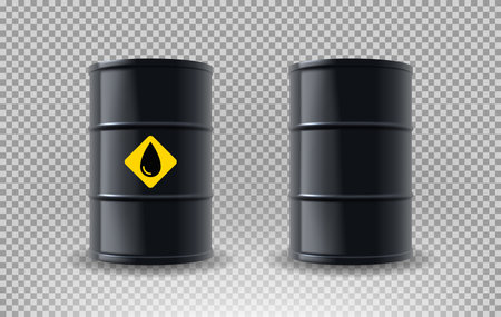 Realistic black metal oil barrels. Vector illustration with isolated realistic black metal oil barrels on checkered background.のイラスト素材