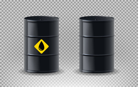 Realistic black metal oil barrels. Vector illustration with isolated realistic black metal oil barrels on checkered background.のイラスト素材