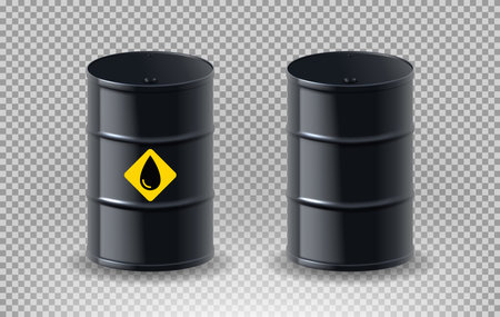 Realistic black metal oil barrels. Vector illustration with isolated realistic black metal oil barrels on checkered background.のイラスト素材