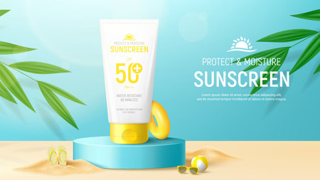 Sunscreen ad banner template. Banner with tube of sunscreen on 3d podium with tropical plants, sand, sunglasses, inflatable ring and ball. Vector 3d ad illustration for promotion of summer goods.のイラスト素材