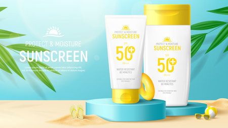 Sunscreen ad banner template. Banner with jar and tube of sunscreen on 3d podiums with tropical plants, sand, sunglasses and inflatable ball. Vector 3d ad illustration for promotion of summer goods.のイラスト素材