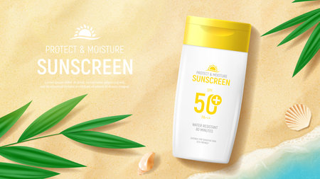 Sunscreen ad banner template. Banner with jar of sunscreen on beach sand with tropical plants, seashells and sea waves. Vector 3d ad illustration for promotion of summer goods.のイラスト素材