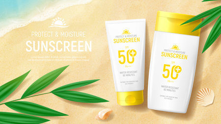 Sunscreen ad banner template. Banner with tube and jar of sunscreen on beach sand with tropical plants, seashells and sea waves. Vector 3d ad illustration for promotion of summer goods.のイラスト素材
