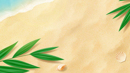 Summer bright banner template. Vector banner with beach sand, tropical plants, seashells and sea waves. Vector 3d ad illustration for promotion of summer goods.のイラスト素材