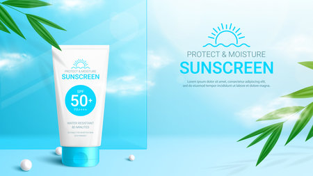Sunscreen ad banner template. Banner with 3d tube of sunscreen, tropical plants, pearl, glass and clouds. Vector 3d ad illustration for promotion of summer goods.のイラスト素材