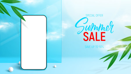 Summer sale ad banner template. 3d banner with smartphone, tropical plants, pearl, glass and clouds. Vector 3d ad illustration for promotion of summer goods.のイラスト素材