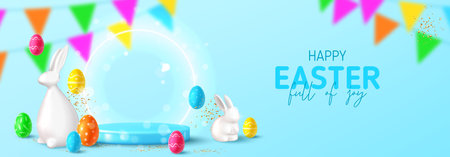 Happy Easter holiday horizontal banner. Easter banner with smartphone on podium, eggs, rabbit, bunny, golden confetti and garland on blue background. Vector illustration with 3d decorative objects.のイラスト素材