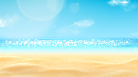 Realistic landscape of summer beach. Sea coast with sunny sky and clouds. Beautiful summer scene with blue sky and clouds. Empty sea with clear horizon. 3d vector illustration.のイラスト素材