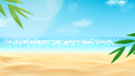 Realistic landscape of sunny beach. Sea coast with sunny sky and clouds. Beautiful summer scene with blue sky, clouds and tropical plants. Empty sea with clear horizon. 3d vector illustration.のイラスト素材