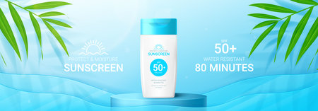 Template of sunscreen ad banner. Banner with 3d jar of sunscreen on podium, tropical plants and...