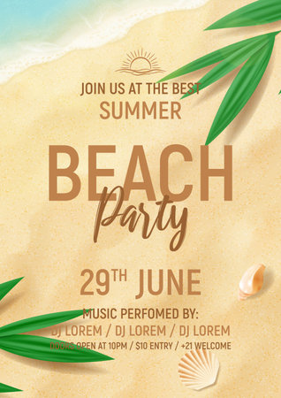 Summer beach party template poster. Top view on beach sand, tropical plants, seashells and sea waves. Flat lay vector illustration with 3d objects. Summer party flyer for night club.のイラスト素材