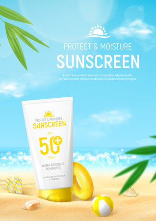 Sunscreen ad poster template. Banner with tube of sunscreen on beach sand with tropical plant, seashells, inflatable ball and ring. Vector 3d ad illustration for promotion of summer goods.のイラスト素材