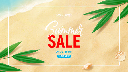Ad banner of summer sale. Vector flat lay with beach sand, tropical plants, seashells and sea waves. Vector 3d ad illustration for promotion of summer goods.のイラスト素材