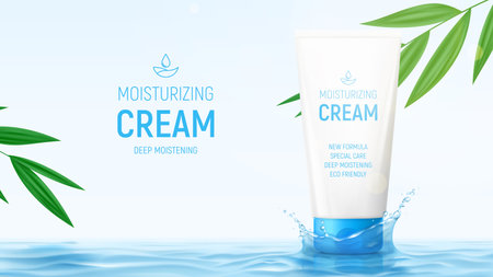 Ad banner with moisturizing face cream. Vector illustration with 3d tube of moisturizing cream on water surface with splash. Concept of cosmetic product ad with tropical leaves on background.のイラスト素材