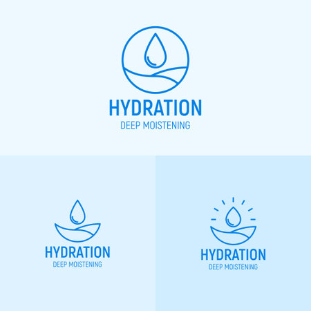 Logos of moisturizing product for skin. Templates symbols of moisturizing cream for face or body. Set of vector symbols for cosmetic goods for skincare.のイラスト素材