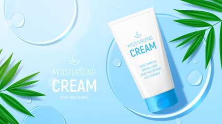 Ad banner with moisturizing face cream. Vector illustration with 3d tube of moisturizing cream, water drops, leaves and glass circles. Mockup of cosmetic product ad. Flat lay background.のイラスト素材