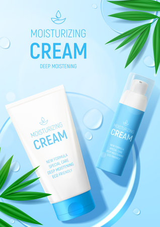 Ad poster with moisturizing face cream products. Vector illustration with 3d bottle and tube of moisturizing cream, drops, leaves and glass circles. Mockup of cosmetic product ad. Flat lay background.のイラスト素材