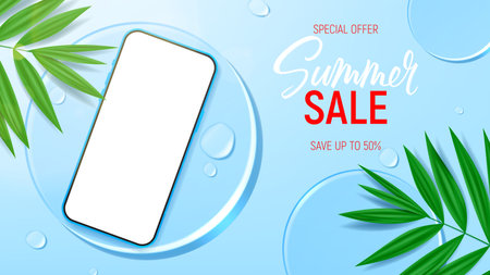 Summer sale ad banner template. Vector illustration with smartphone, water drops, leaves and glass circles. Promo banner for presentation summer goods. Flat lay background.のイラスト素材