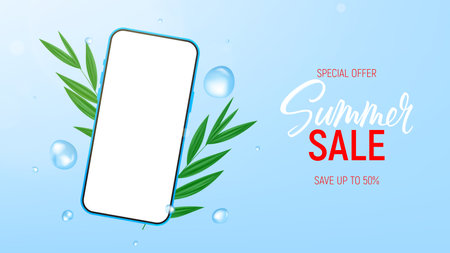 Summer sale ad banner template. Vector illustration with smartphone, water drops and tropical leaves. Promo banner for presentation summer goods. 3d background.のイラスト素材