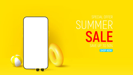 Summer sale ad banner template. 3d banner with smartphone, sunglasses, inflatable ring and ball on yellow background. Vector 3d illustration for promotion of summer sale.のイラスト素材