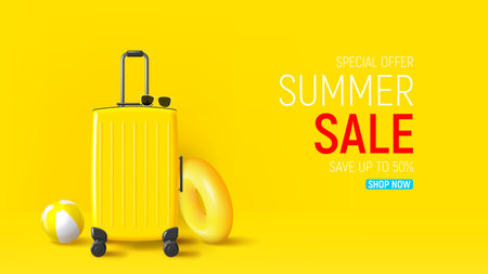 Summer sale ad banner template. 3d banner with suitcase, sunglasses, inflatable ring and ball on yellow background. Vector 3d illustration for promotion of summer sale.のイラスト素材